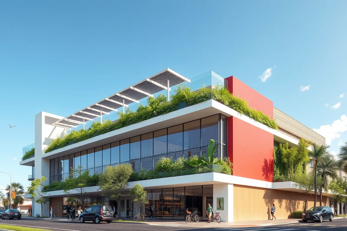 Imagem destacada de um edifício comercial moderno com certificação LEED, destacando elementos de design sustentável como painéis solares no telhado e áreas verdes ao redor, simbolizando práticas de construção ecológicas e eficiência energética.