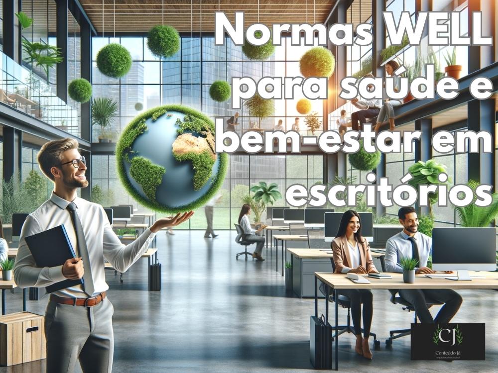 A imagem destaca um escritório moderno e iluminado, com plantas verdes e um design ergonômico, representando a aplicação das Normas WELL para promover saúde e bem-estar no ambiente de trabalho.