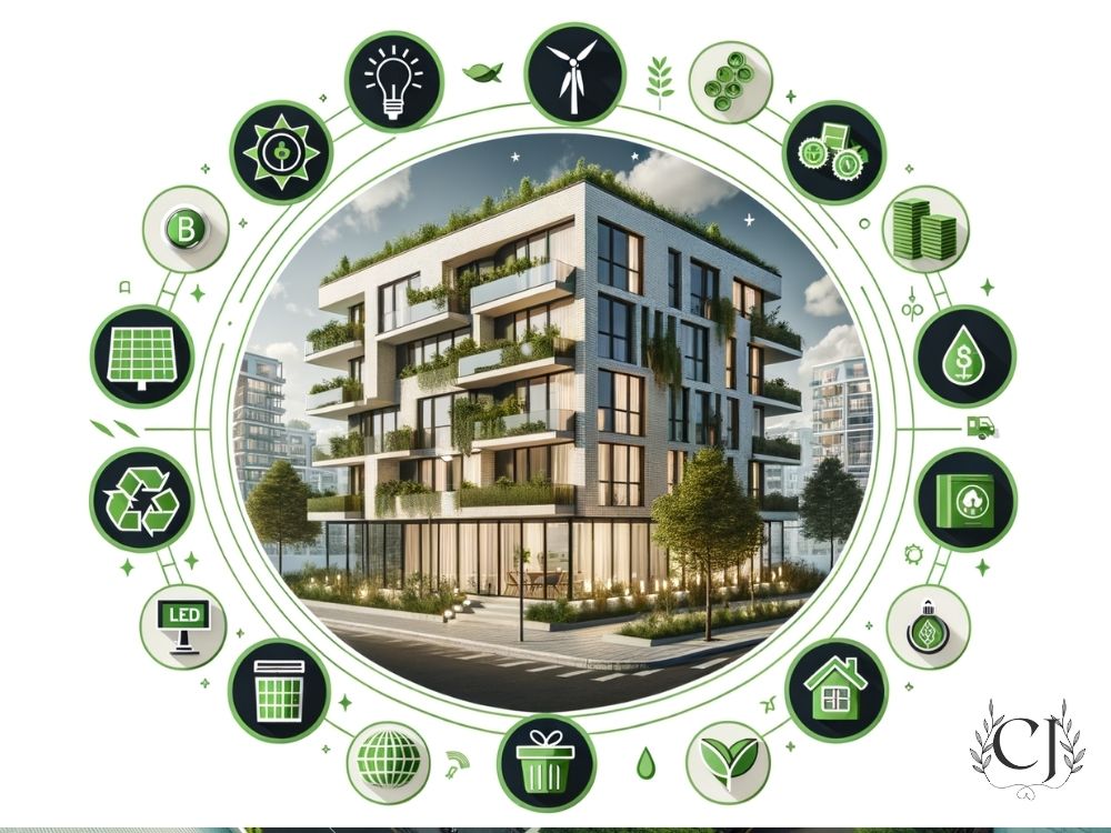 A imagem destaca um projeto residencial sustentável certificado pelo BREEAM, mostrando uma casa moderna integrada à natureza. Ela apresenta amplas janelas para iluminação natural, telhado verde e painéis solares, simbolizando práticas de construção ecológicas e eficiência energética.