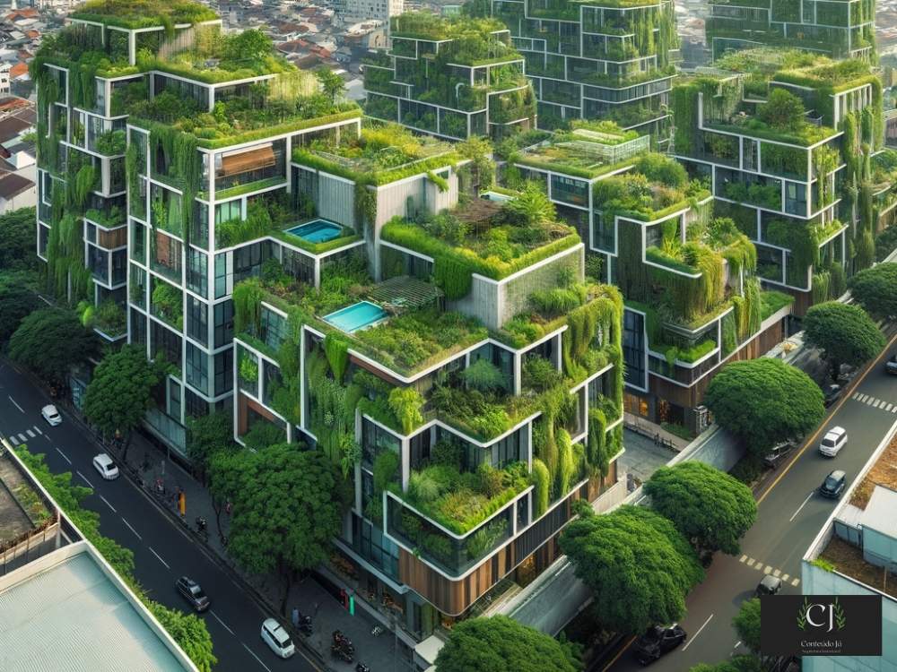 A imagem mostra um telhado verde em uma área urbana densa, destacando plantas e vegetação cobrindo o topo de um edifício. Ao fundo, é possível ver o horizonte da cidade com prédios altos, ilustrando a integração harmoniosa entre a natureza e o ambiente urbano.