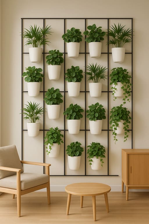 Jardim Vertical com Estrutura de Ferro e Vasos Brancos