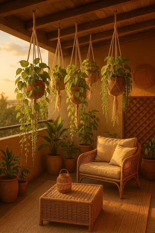 Varanda Boho com Jardim Suspenso com Suportes de Macramê